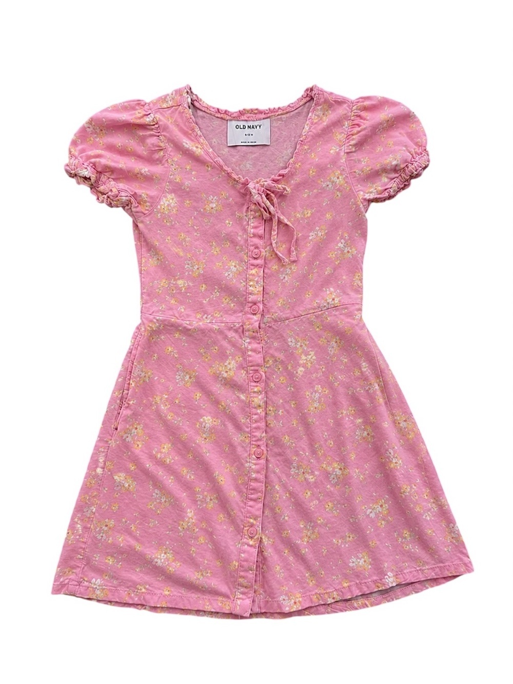 Old Navy Girls Pink Floral Dress Size Small 6/7 Puff Sleeve Button Front